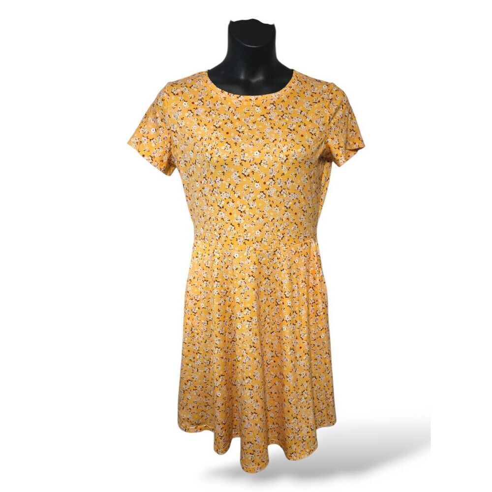 HUHOT Yellow Floral Fit & Flare Midi Dress with Pockets - Size Large
